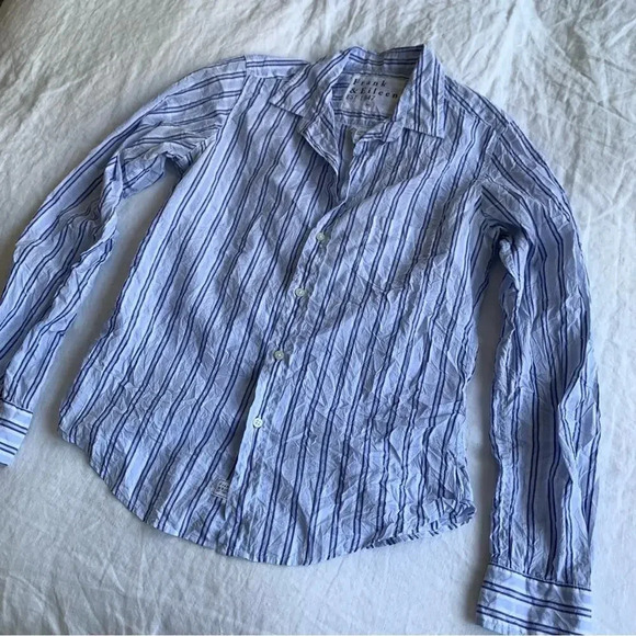 Frank & Eileen Barry Crinkle Cotton Blue Vertical Stripe Button Down Up Shirt - Picture 2 of 8